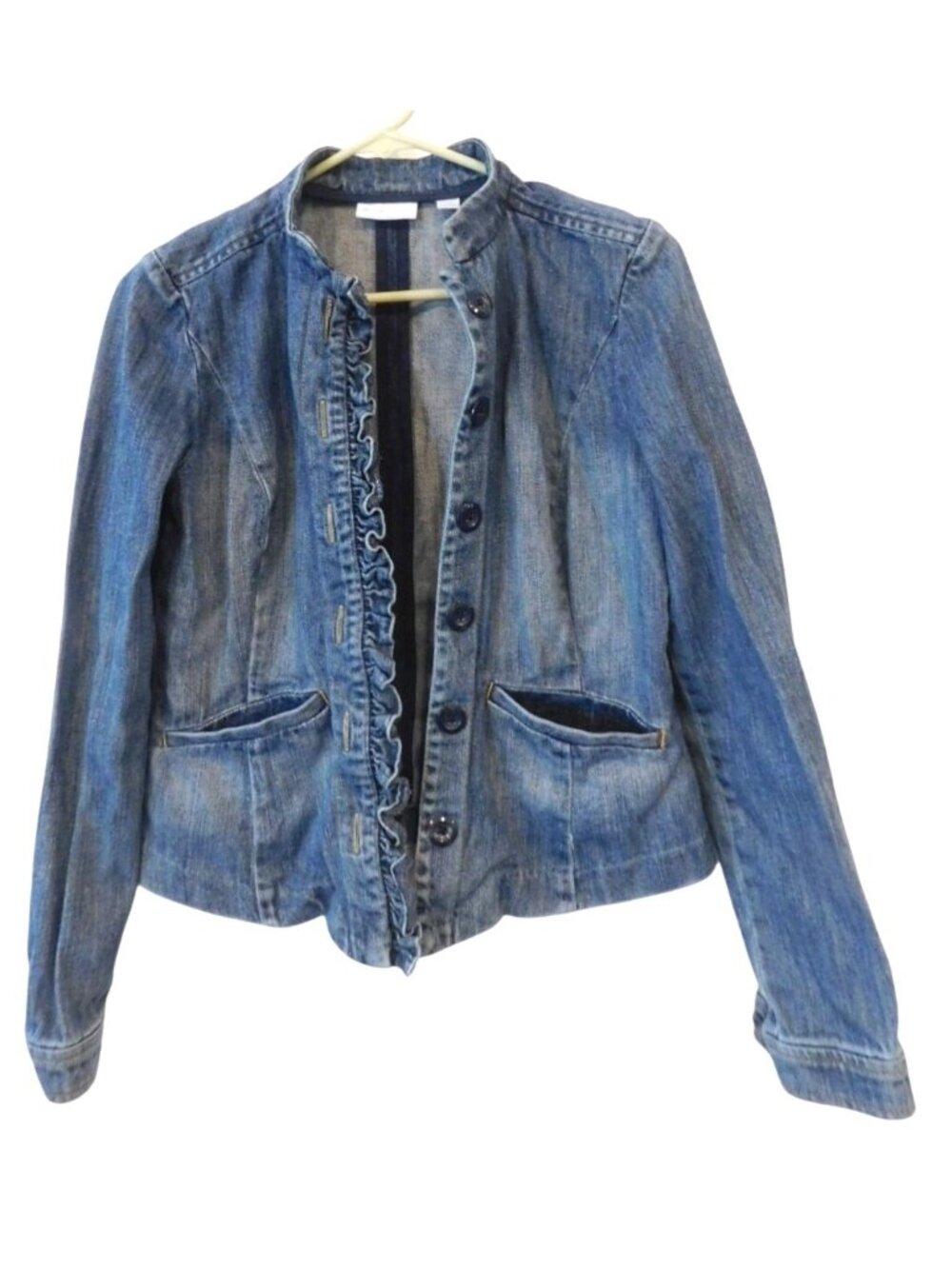 New York & Company Denim Jacket Womens XS Ruffle Front Fitted Y2K Boho Chic